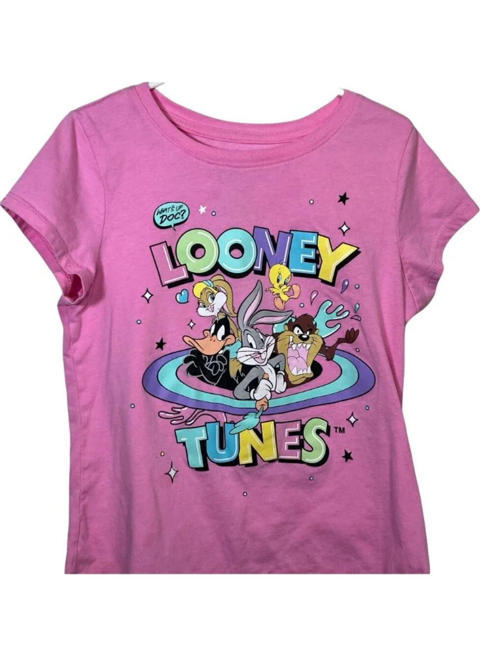 Looney Tunes Girls Pink Bugs Bunny Daffy Taz Graphic T-Shirt Kids Size L